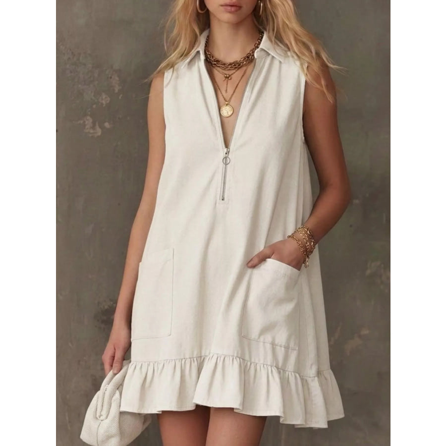Sleeveless Collared Zip-Front Ruffle Hem Dress White / S Apparel and Accessories