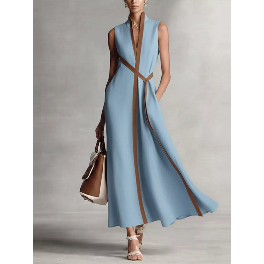 Sleeveless Contrast Trim Midi Dress Dusty Blue / S Apparel and Accessories
