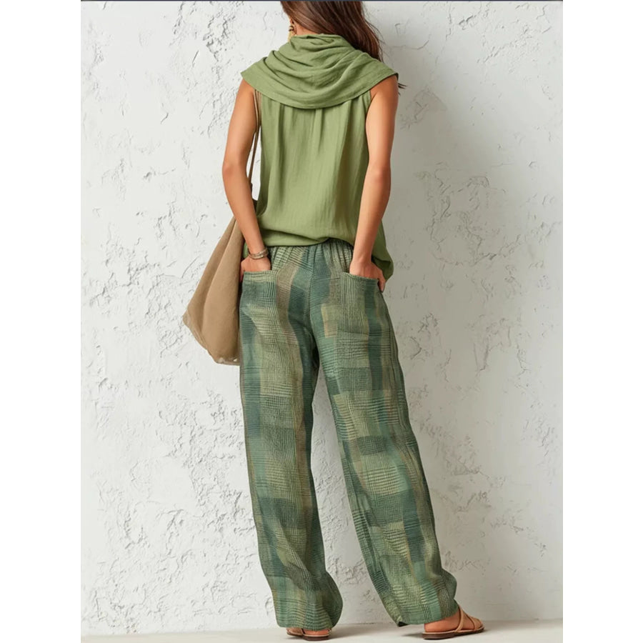 Sleeveless Cowl Neck Top and Plaid Wide-Leg Pant Set Apparel Accessories