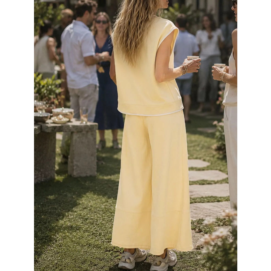 Sleeveless Crew Neck Top and Wide-Leg Cropped Pants Set Apparel Accessories