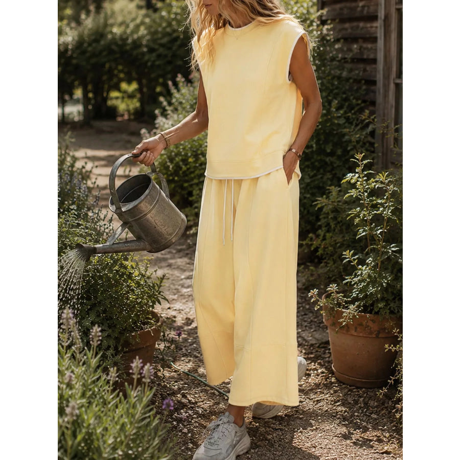 Sleeveless Crew Neck Top and Wide-Leg Cropped Pants Set Apparel Accessories