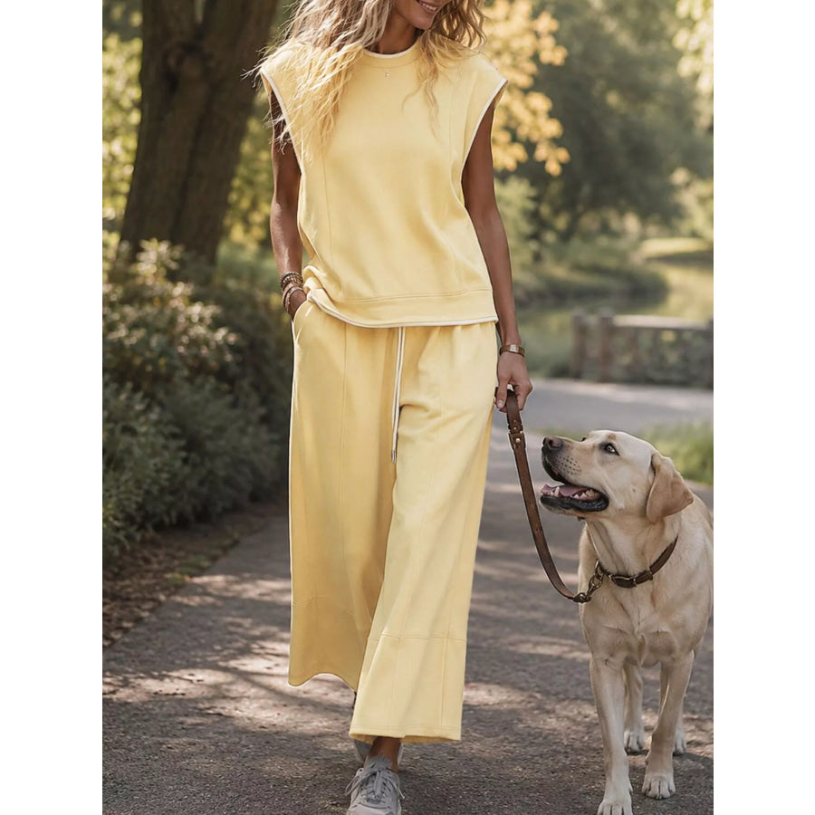 Sleeveless Crew Neck Top and Wide-Leg Cropped Pants Set Apparel Accessories