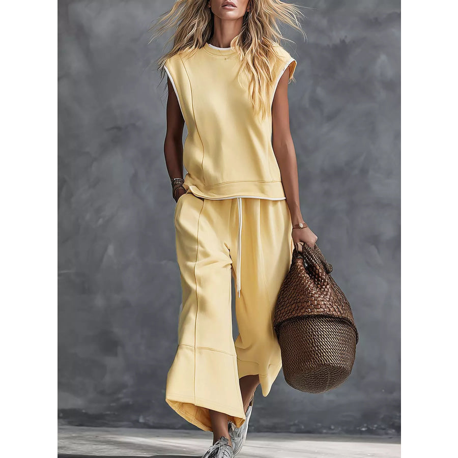Sleeveless Crew Neck Top and Wide-Leg Cropped Pants Set Light Yellow / S Apparel Accessories