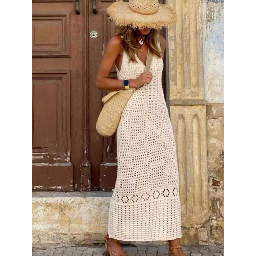 Sleeveless Crochet Knit Cover Up Maxi Dress Apricot / S Apparel and Accessories