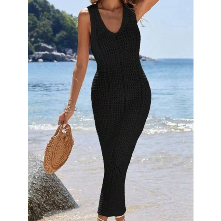 Sleeveless Crochet Knit Cover Up Maxi Dress Black / S Apparel and Accessories