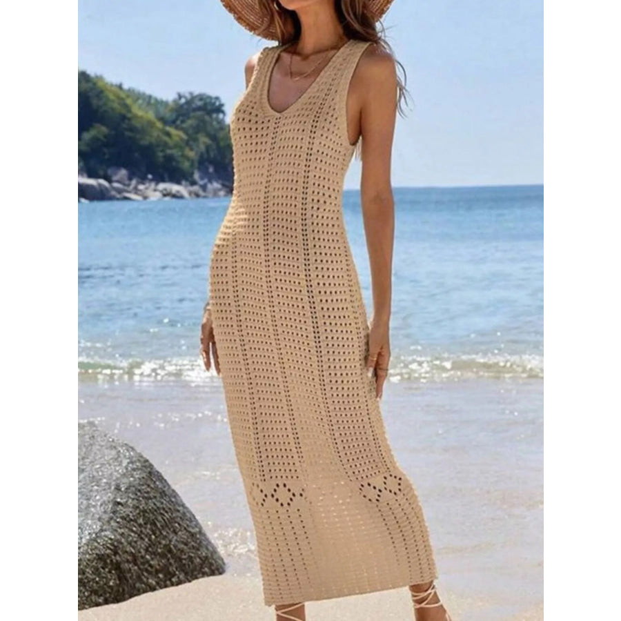 Sleeveless Crochet Knit Cover Up Maxi Dress Khaki / S Apparel and Accessories