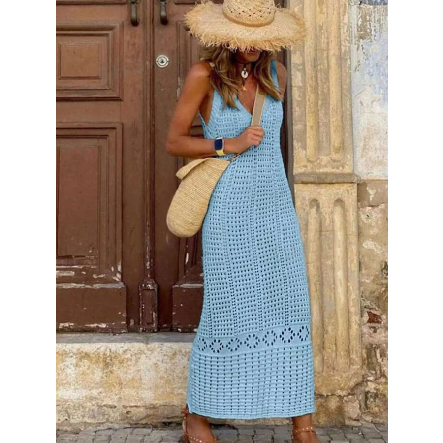 Sleeveless Crochet Knit Cover Up Maxi Dress Light Blue / S Apparel and Accessories