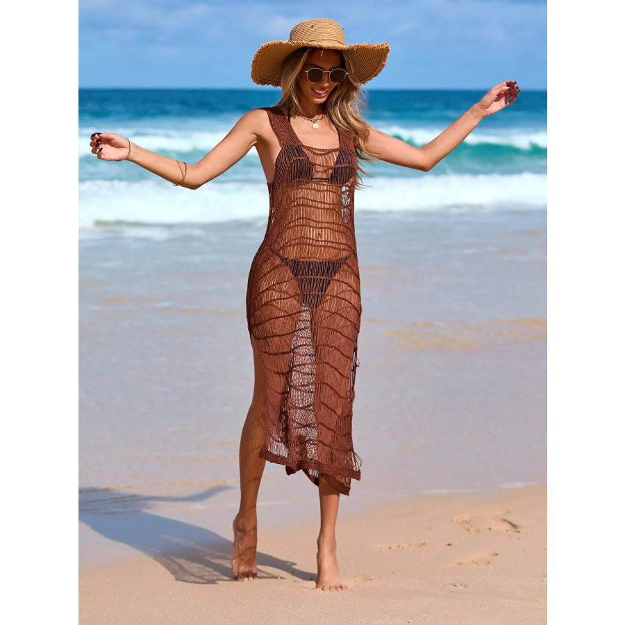 Sleeveless Crochet Knit Slit Cover-Up Dress Apparel and Accessories