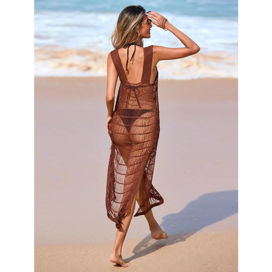 Sleeveless Crochet Knit Slit Cover-Up Dress Apparel and Accessories