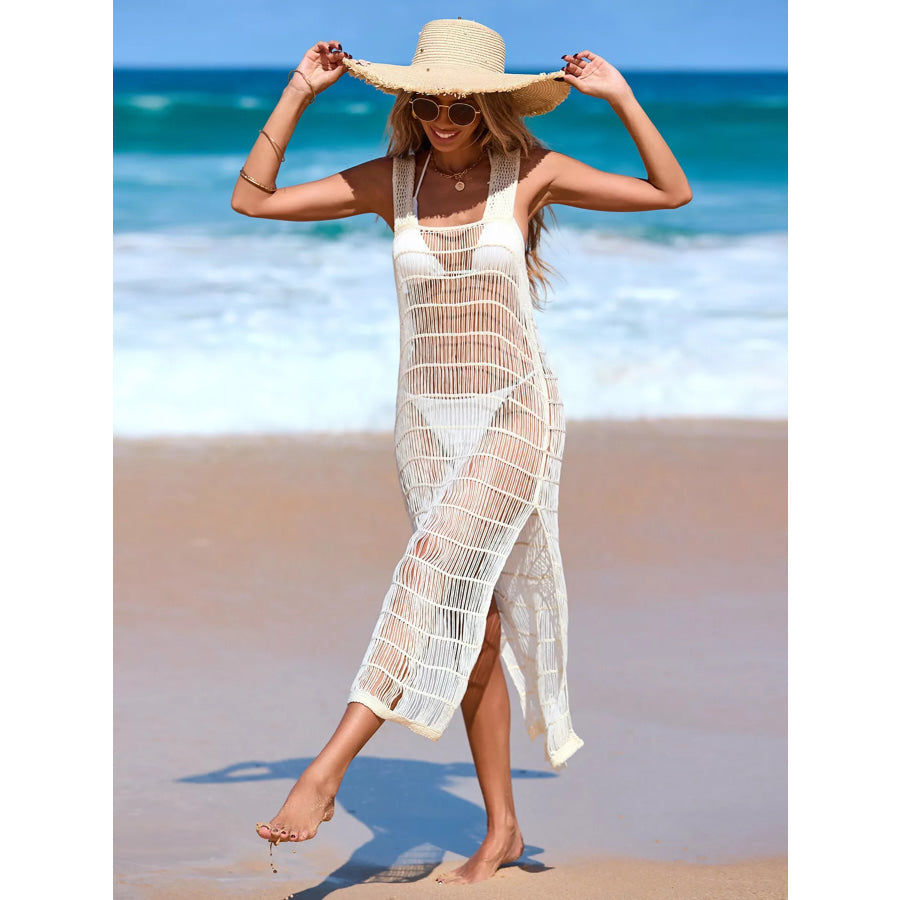 Sleeveless Crochet Knit Slit Cover-Up Dress Apparel and Accessories