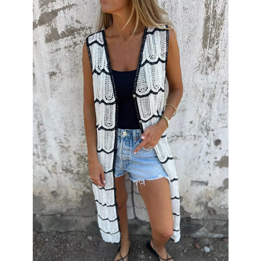 Sleeveless Crochet Longline Cardigan White / One Size Apparel and Accessories
