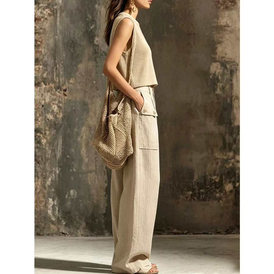 Sleeveless Crop Top and High-Waisted Wide-Leg Cargo Pants Set Khaki / S Apparel Accessories