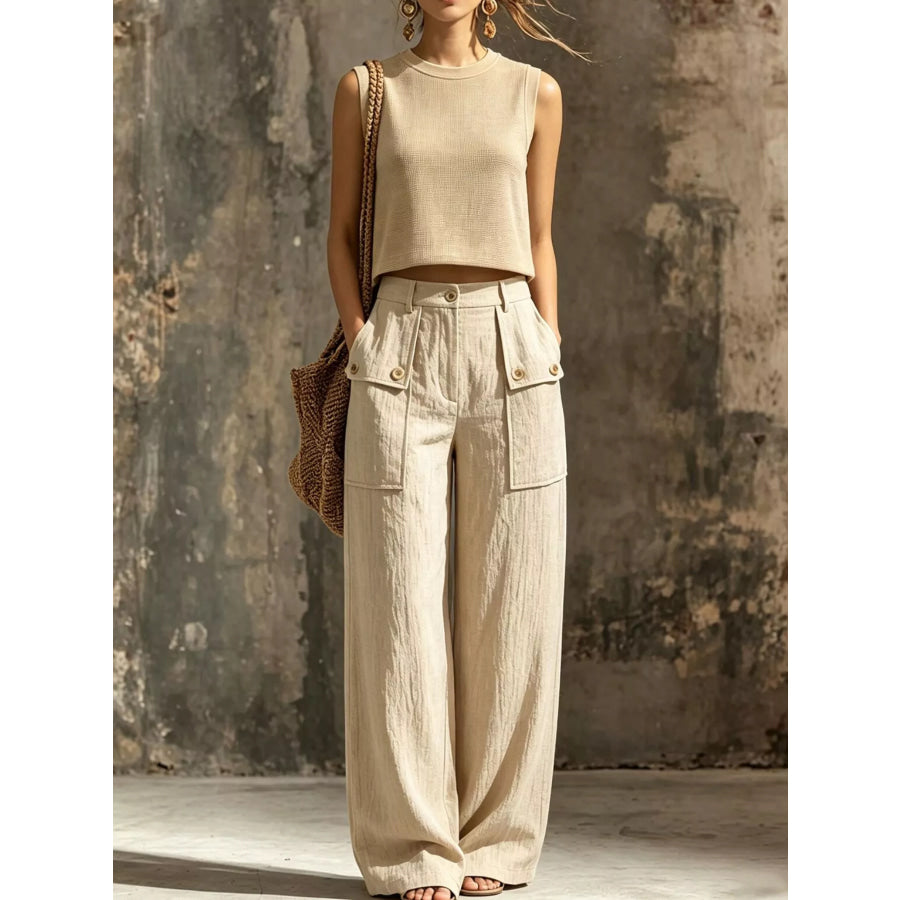 Sleeveless Crop Top and High-Waisted Wide-Leg Cargo Pants Set Khaki / S Apparel Accessories