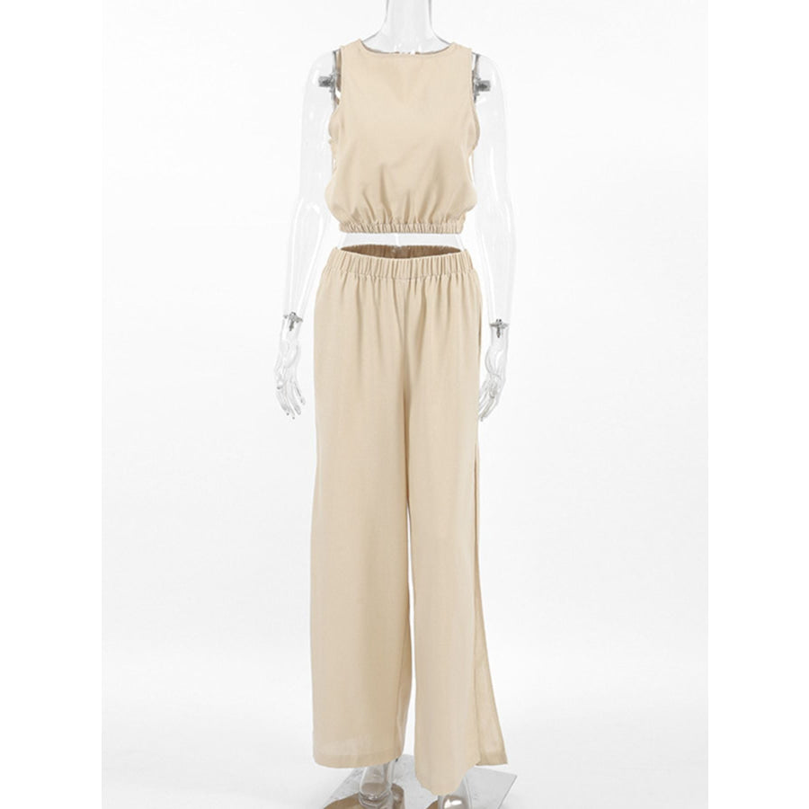 Sleeveless Crop Top and Slit Pants Set Apparel and Accessories