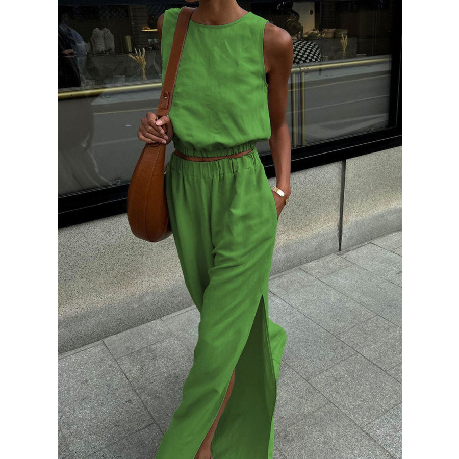 Sleeveless Crop Top and Slit Pants Set Apparel and Accessories