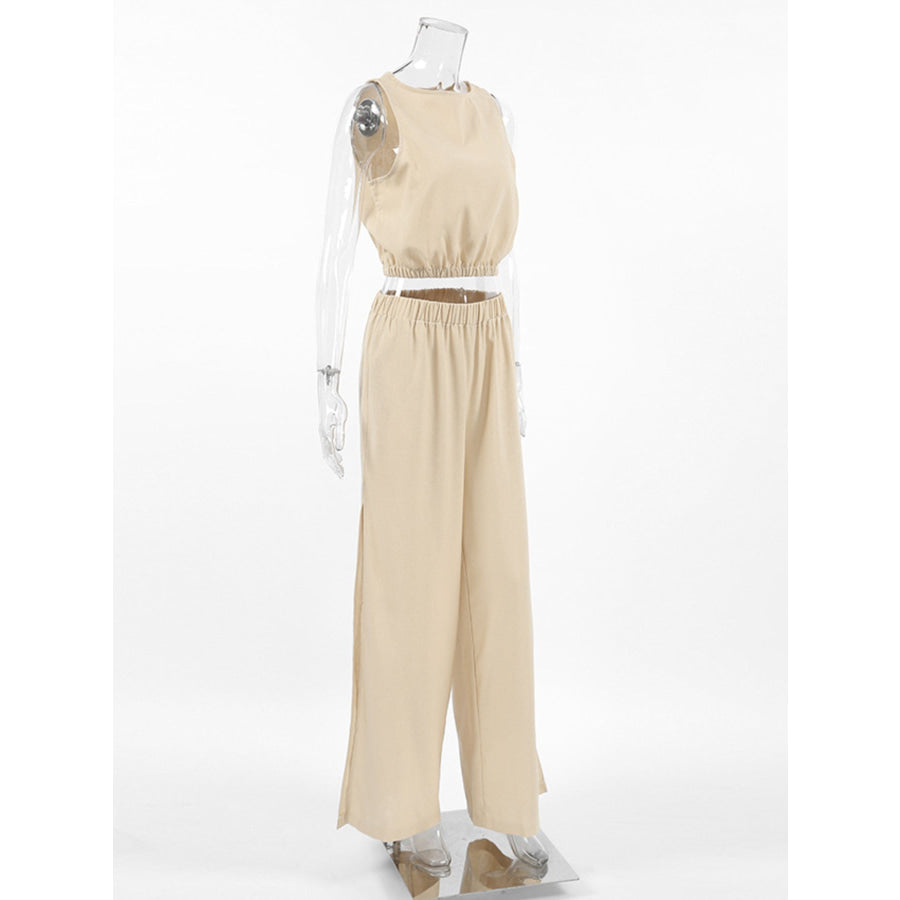 Sleeveless Crop Top and Slit Pants Set Apparel and Accessories