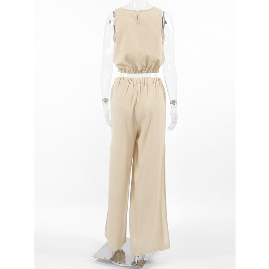 Sleeveless Crop Top and Slit Pants Set Apparel and Accessories