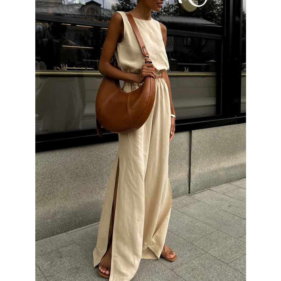 Sleeveless Crop Top and Slit Pants Set Apparel and Accessories