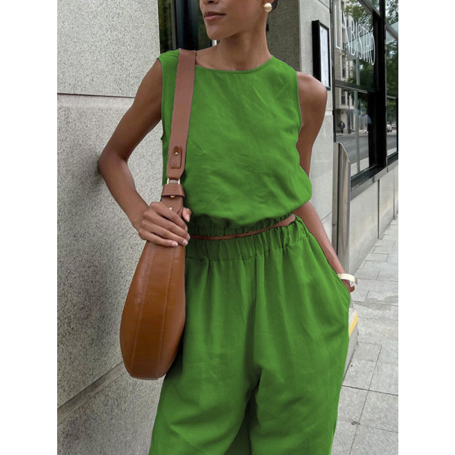 Sleeveless Crop Top and Slit Pants Set Apparel and Accessories