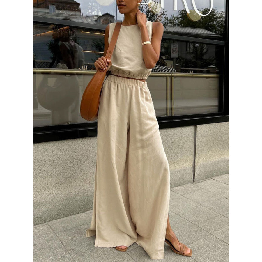 Sleeveless Crop Top and Slit Pants Set Apparel and Accessories