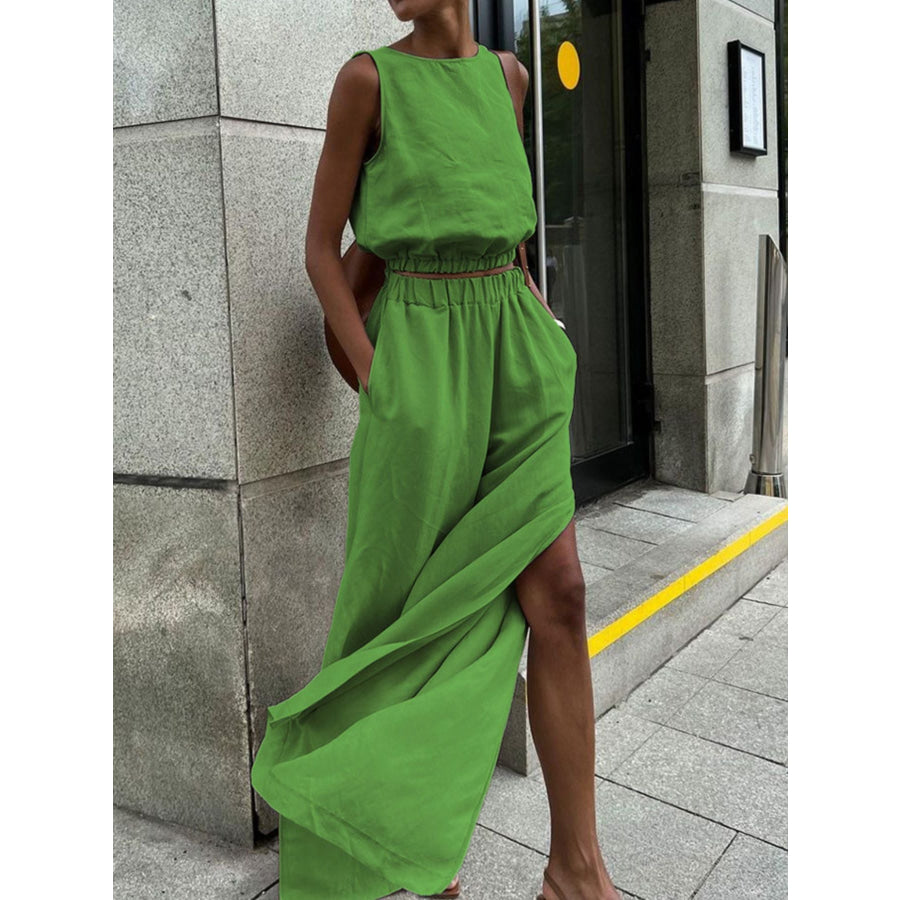 Sleeveless Crop Top and Slit Pants Set Green / S Apparel and Accessories
