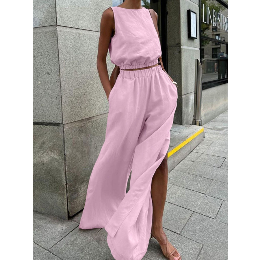 Sleeveless Crop Top and Slit Pants Set Pink / S Apparel and Accessories
