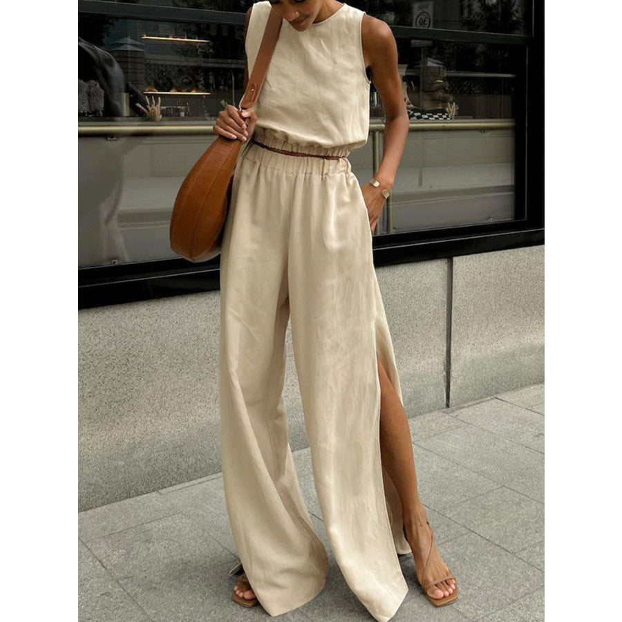 Sleeveless Crop Top and Slit Pants Set Tan / S Apparel and Accessories