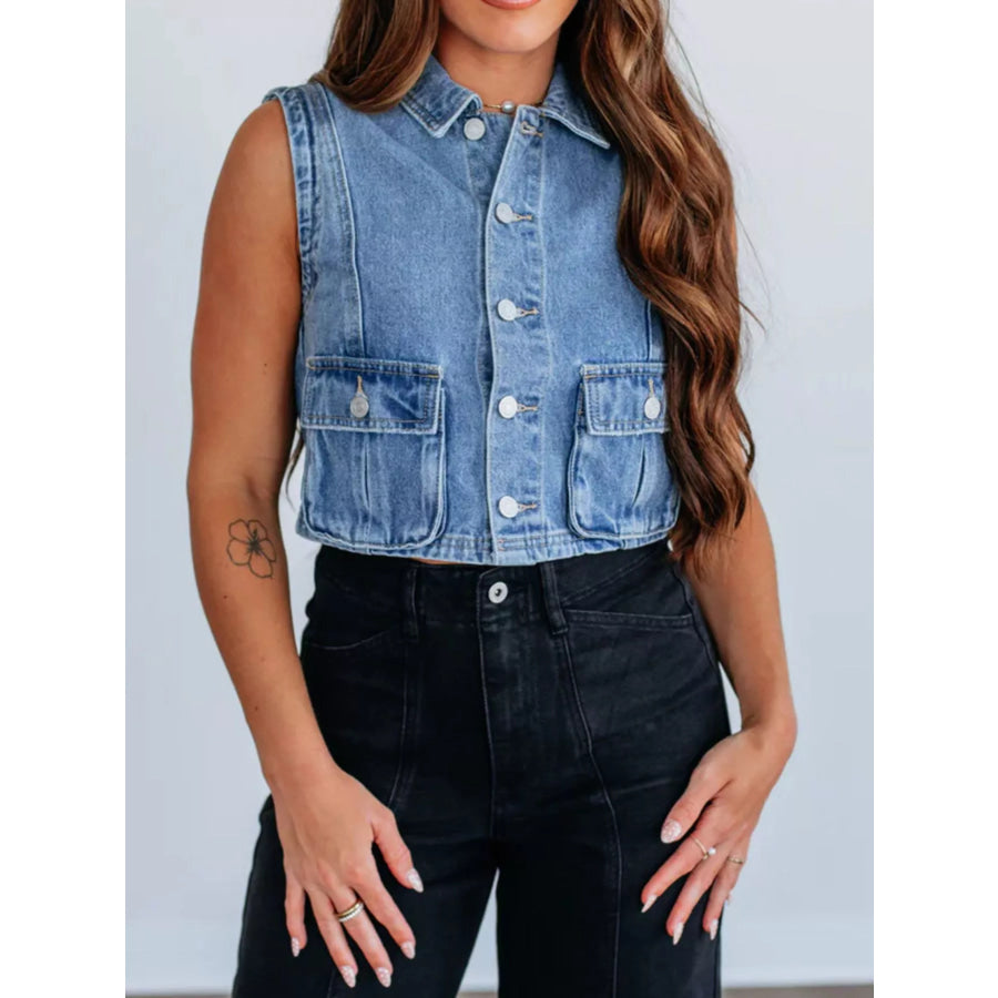 Sleeveless Cropped Denim Vest Blue / S Apparel and Accessories