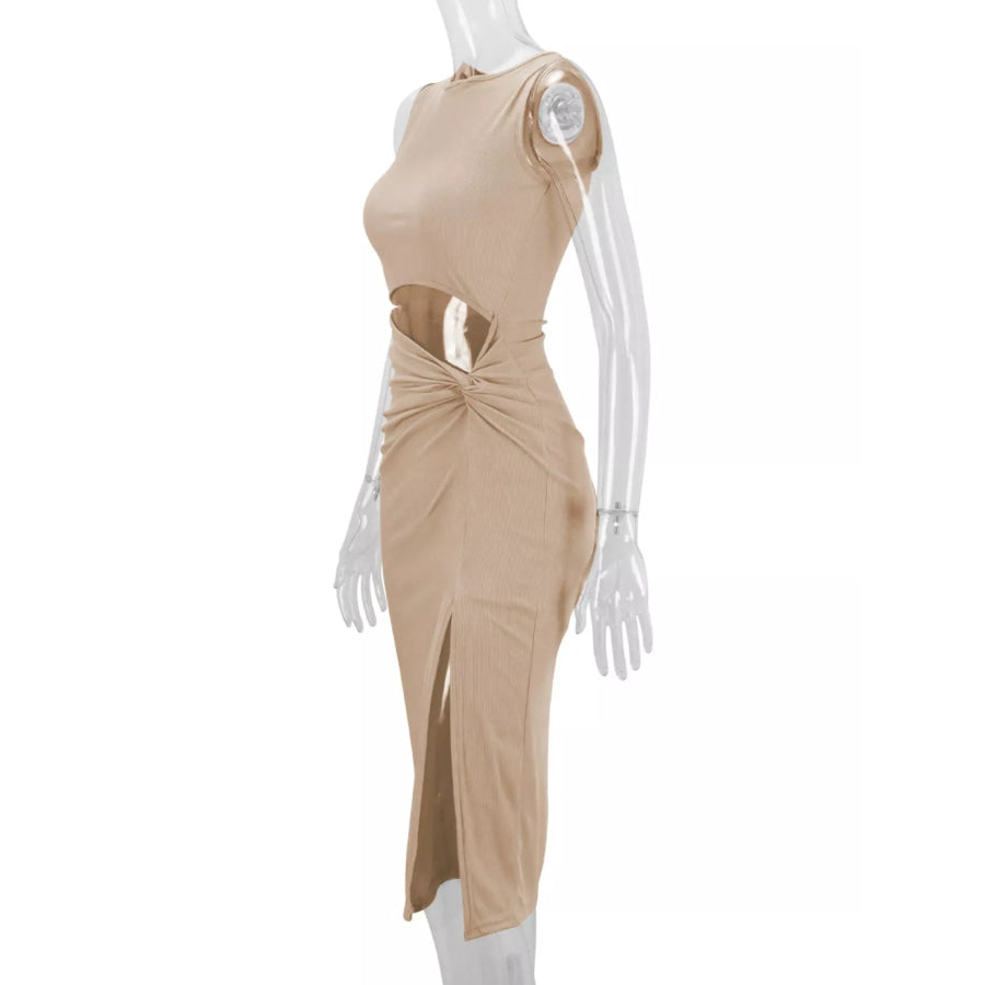 Sleeveless Cut-Out Ruched High-Slit Bodycon Dress Apparel and Accessories