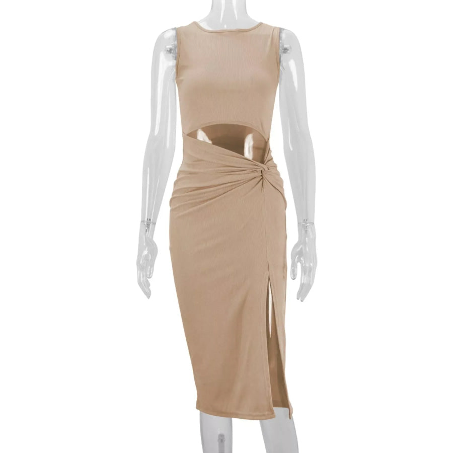 Sleeveless Cut-Out Ruched High-Slit Bodycon Dress Apparel and Accessories