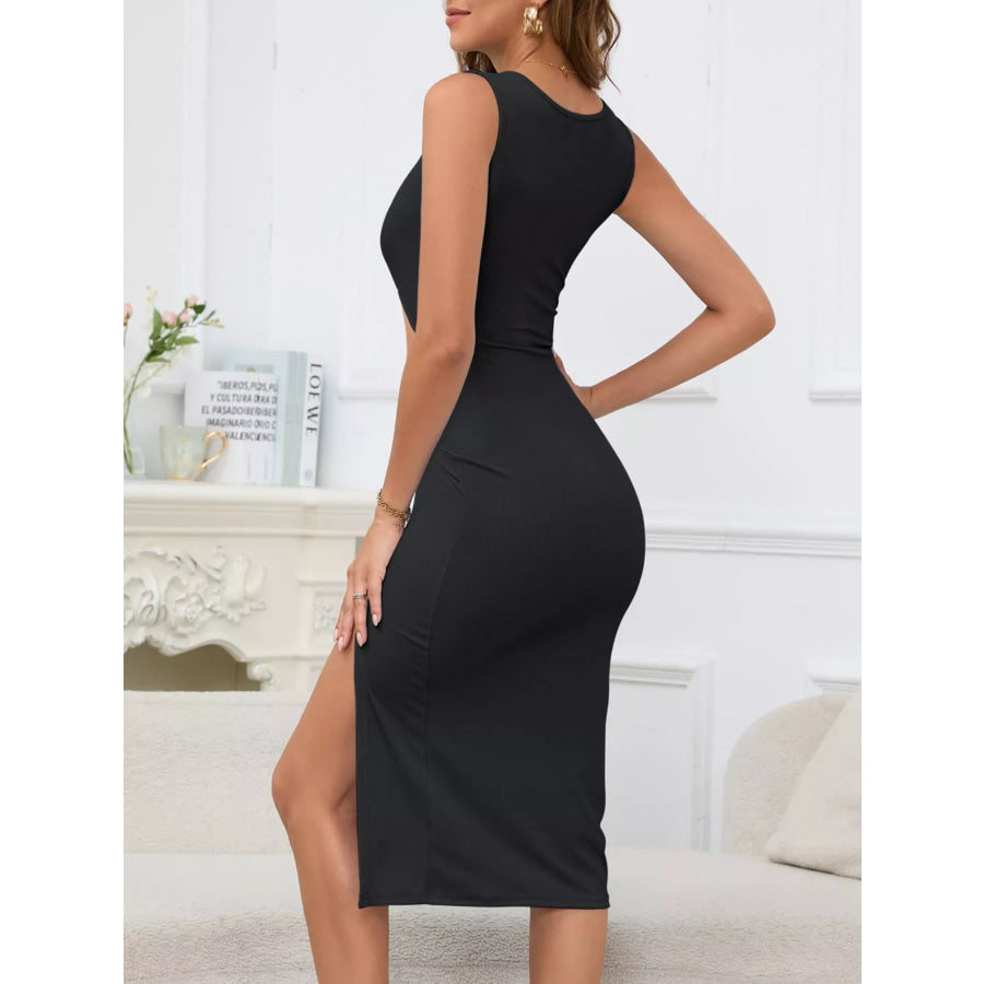 Sleeveless Cut-Out Ruched High-Slit Bodycon Dress Apparel and Accessories