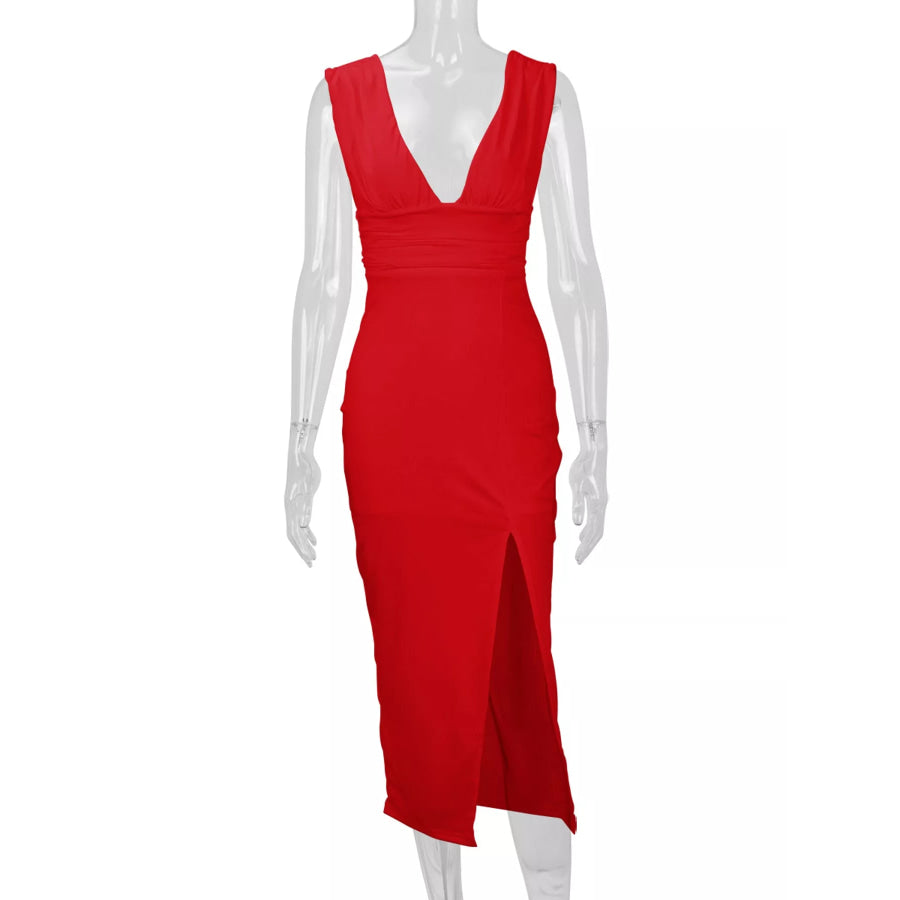 Sleeveless Deep V-Neck Ruched High Slit Bodycon Dress Apparel and Accessories