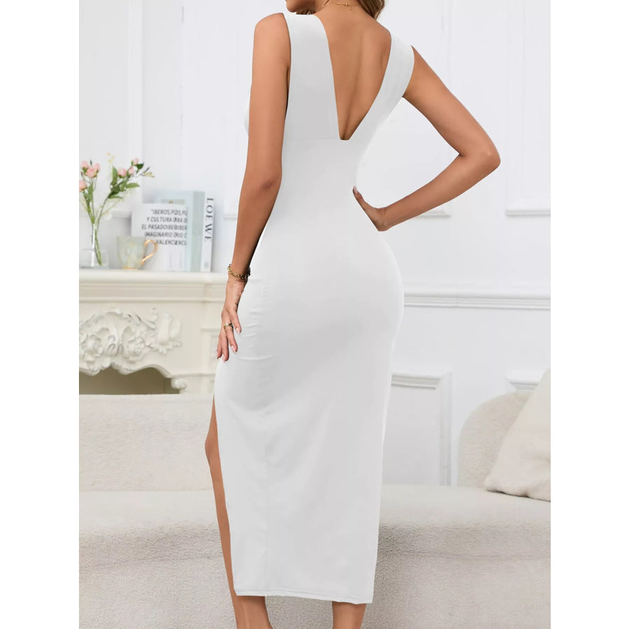Sleeveless Deep V-Neck Ruched High Slit Bodycon Dress Apparel and Accessories