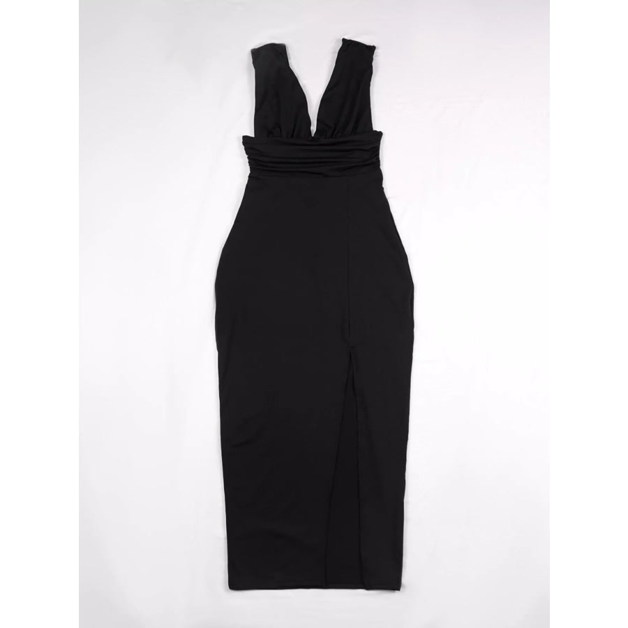 Sleeveless Deep V-Neck Ruched High Slit Bodycon Dress Apparel and Accessories