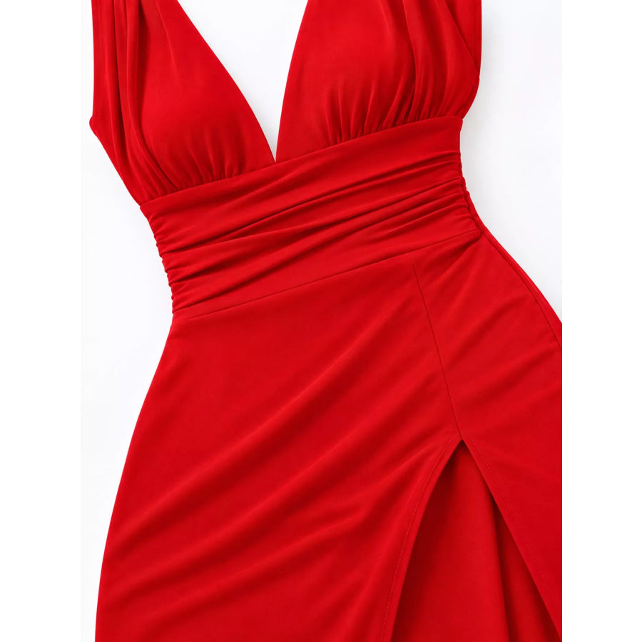 Sleeveless Deep V-Neck Ruched High Slit Bodycon Dress Apparel and Accessories