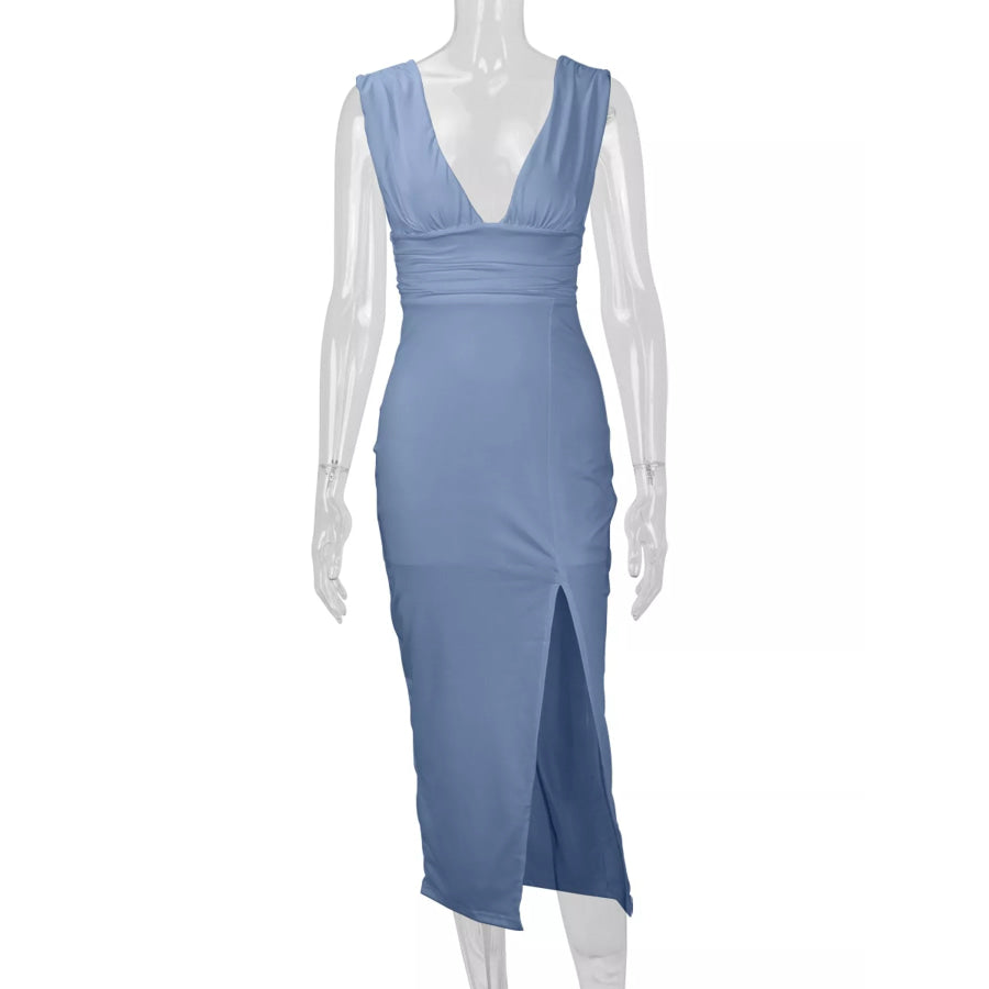 Sleeveless Deep V-Neck Ruched High Slit Bodycon Dress Apparel and Accessories