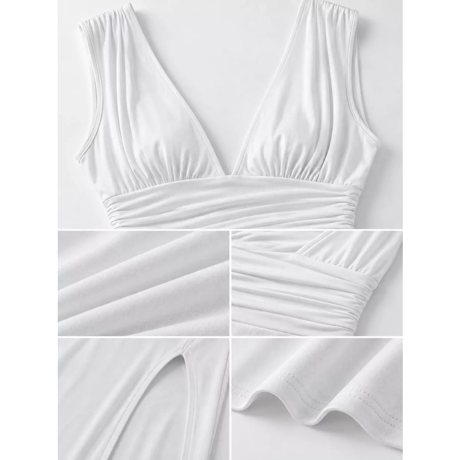 Sleeveless Deep V-Neck Ruched High Slit Bodycon Dress Apparel and Accessories