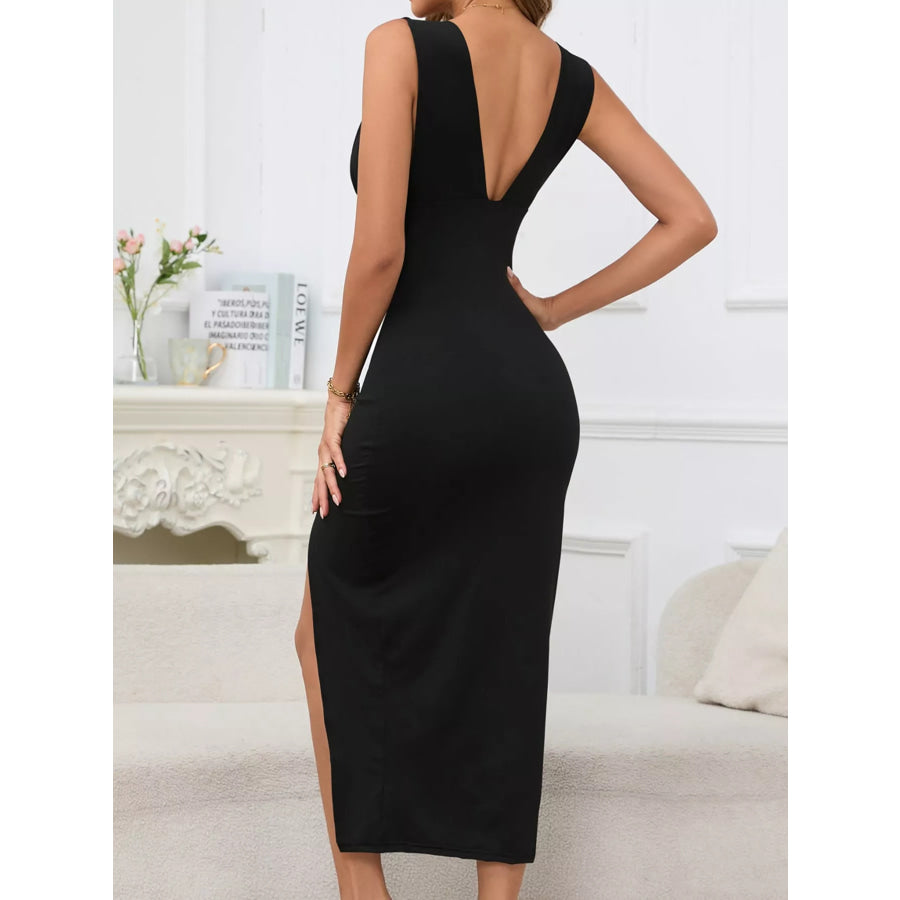 Sleeveless Deep V-Neck Ruched High Slit Bodycon Dress Apparel and Accessories