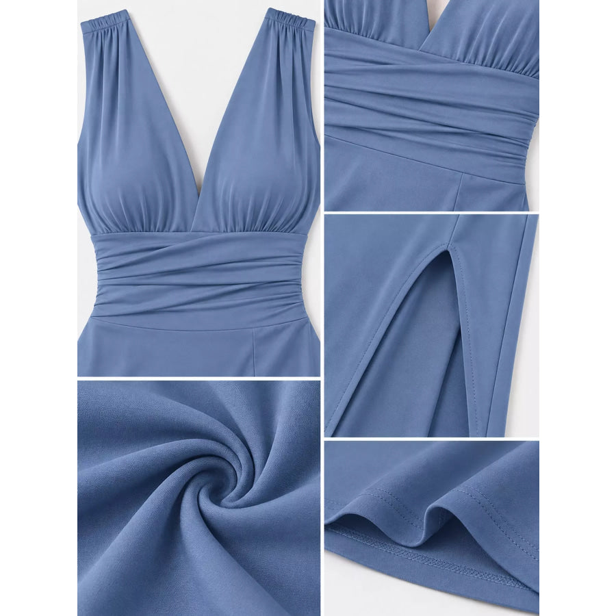Sleeveless Deep V-Neck Ruched High Slit Bodycon Dress Apparel and Accessories