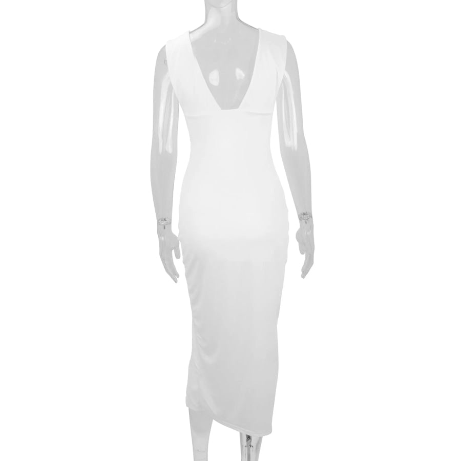 Sleeveless Deep V-Neck Ruched High Slit Bodycon Dress Apparel and Accessories