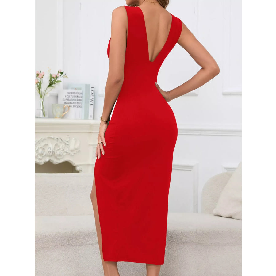 Sleeveless Deep V-Neck Ruched High Slit Bodycon Dress Apparel and Accessories