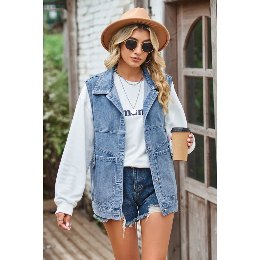 Sleeveless Denim Top with A Detachable Hood