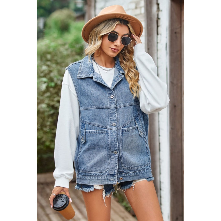 Sleeveless Denim Top with A Detachable Hood