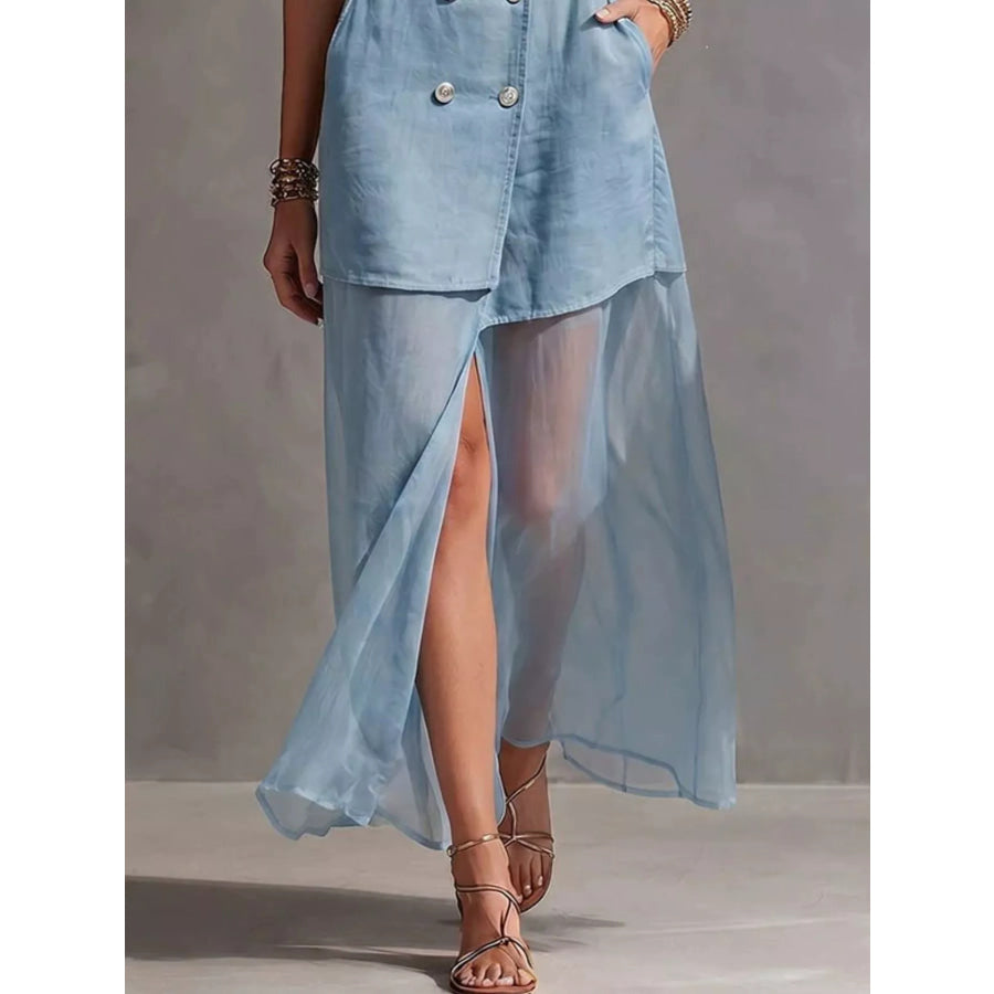 Sleeveless Double-Breasted Denim Maxi Dress Apparel and Accessories