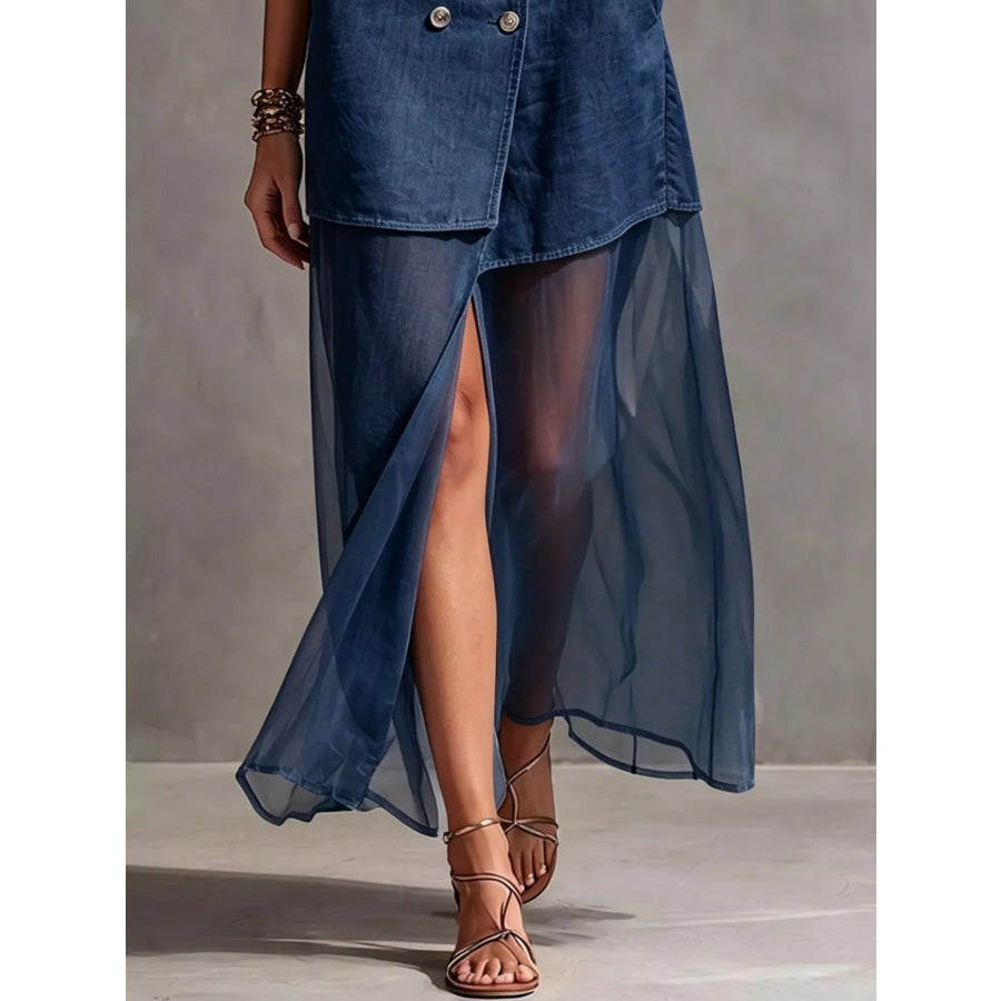 Sleeveless Double-Breasted Denim Maxi Dress Apparel and Accessories