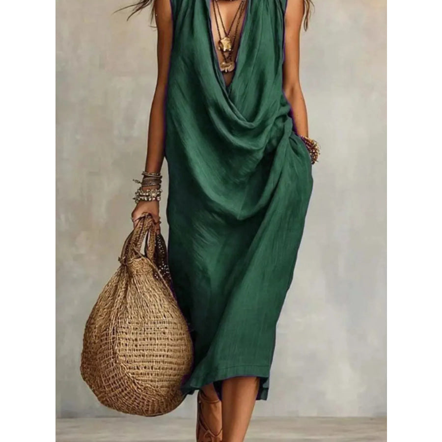 Sleeveless Drape Neck Midi Dress Apparel and Accessories
