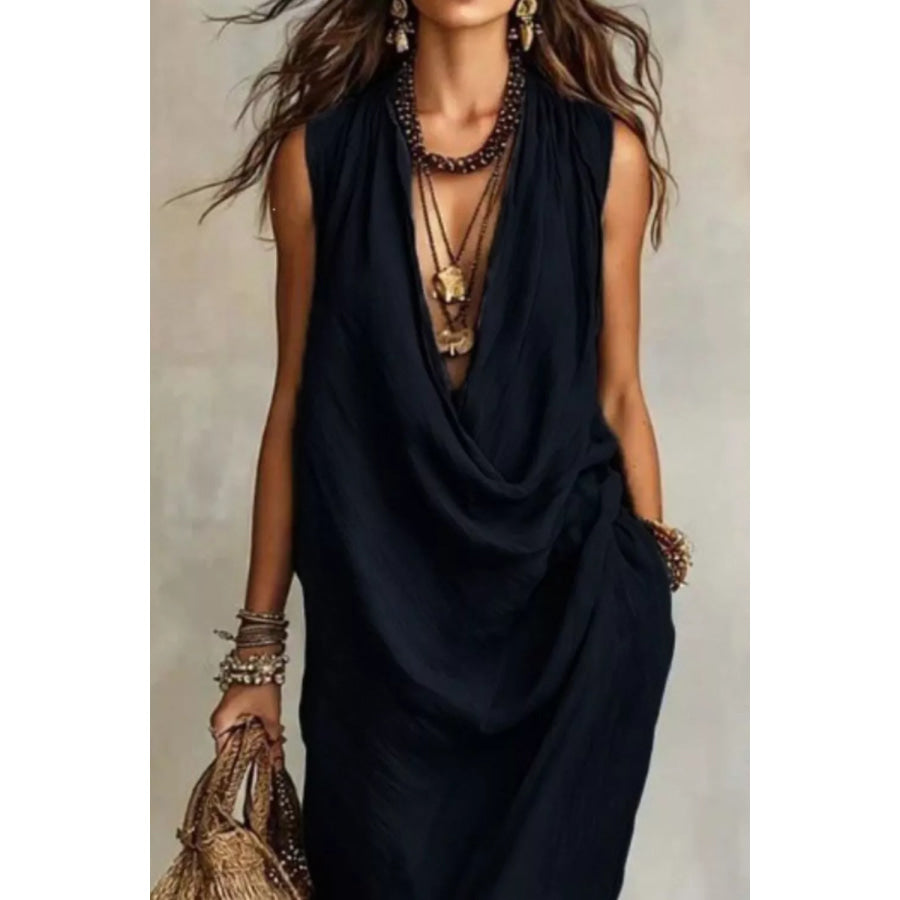 Sleeveless Drape Neck Midi Dress Apparel and Accessories