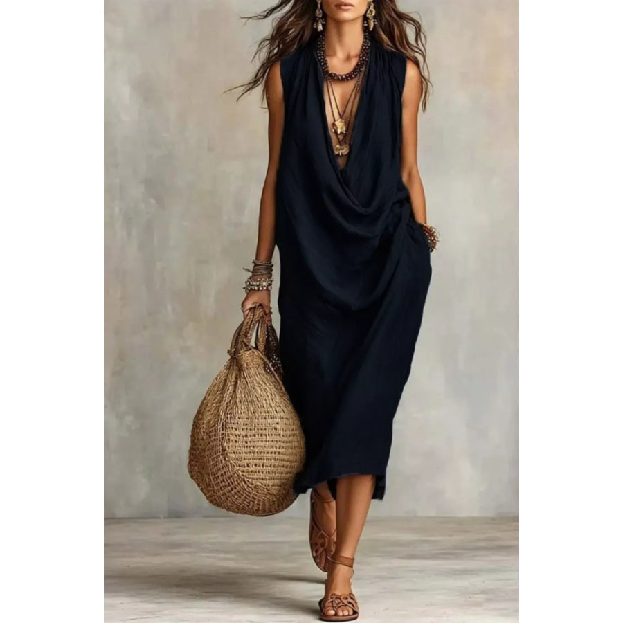 Sleeveless Drape Neck Midi Dress Black / S Apparel and Accessories