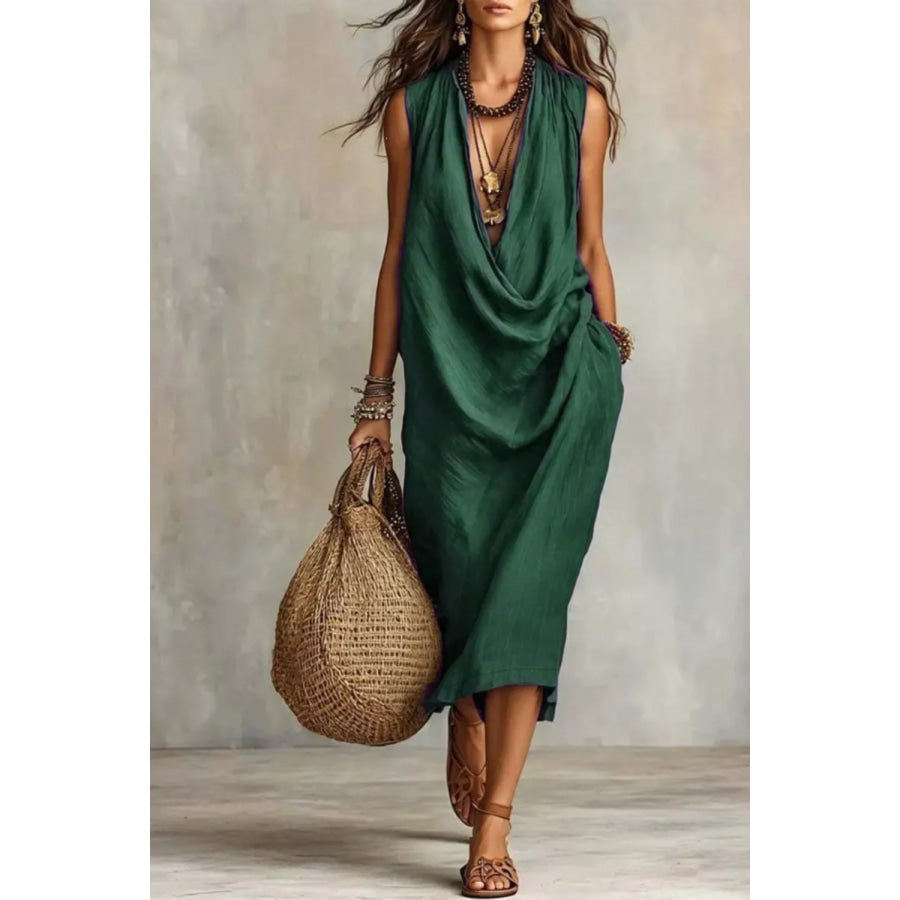 Sleeveless Drape Neck Midi Dress Dark Green / S Apparel and Accessories