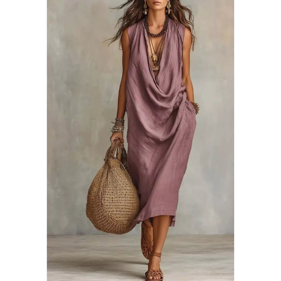 Sleeveless Drape Neck Midi Dress Dusty Pink / S Apparel and Accessories